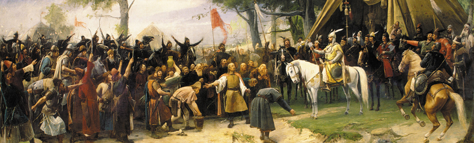 Munkácsy Mihály festménye.  Árpád fejedelem és a magyarok előtt hódolnak a Kárpát-medence hun, avar, székely, magyar és más népei.